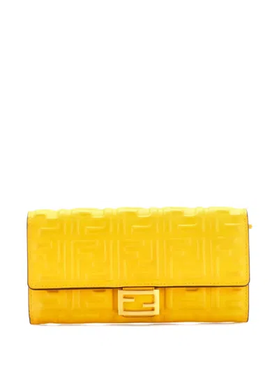 Pre-owned Fendi Baguette Continental Wallet Zucca Embossed Leather Small Wallets In Yellow