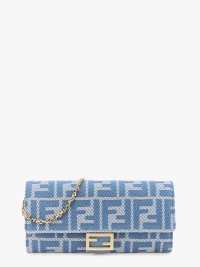 Fendi Baguette Continental With Chain Denim-effect Ff Jacquard Wallet In Blue