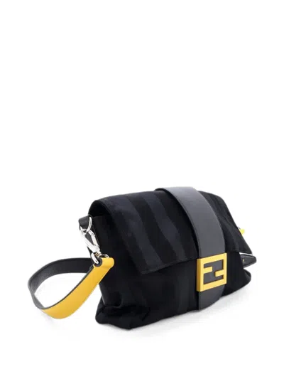 Pre-owned Fendi Baguette Convertible Shoulder Bag Striped Nylon Large Belt Bag In Black