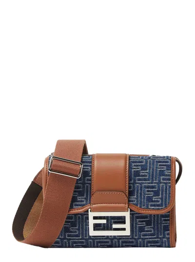 Fendi 'baguette Double' Blue Crossbody Bag With Magnetic Ff Closure And All-over Motif In Blue Cotto