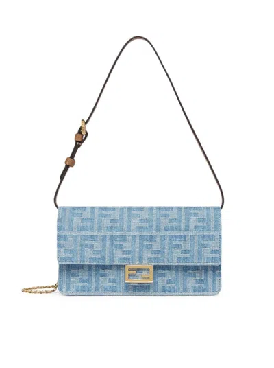 Fendi Baguette Denim Crossbody Handbag In Blue