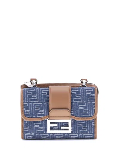 Fendi Denim-effect Ff Jacquard And Leather Double Baguette Bag In Blue
