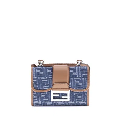 Fendi Denim-effect Ff Jacquard And Leather Double Baguette Bag In Blue