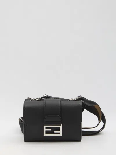 Fendi Double Baguette Grained Leather Messenger Bag In Black