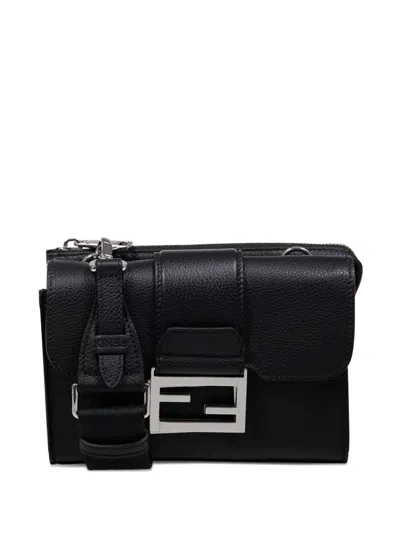 Fendi Double Baguette Grained Leather Messenger Bag In Black