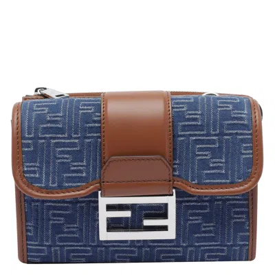 Fendi Denim-effect Ff Jacquard And Leather Double Baguette Bag In Blue