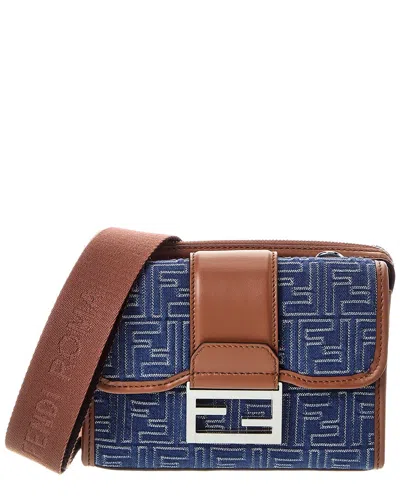 Fendi Baguette Double Ff Denim & Leather Crossbody In Blue