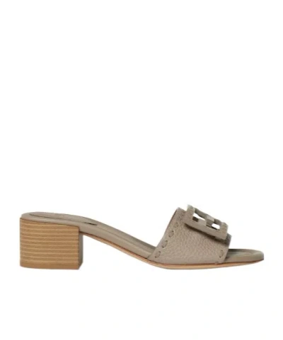 Fendi Baguette Dove Gray Leather Medium-heeled Slides