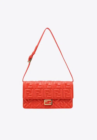 Fendi Baguette Embossed Leather Chain Clutch In Red
