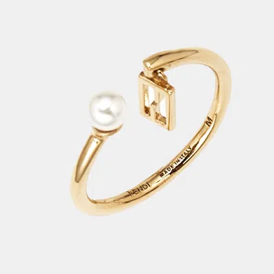 Pre-owned Fendi Baguette Faux Pearl Gold Tone Open Ring Size 54