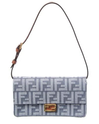 Fendi Baguette Ff Denim & Leather Wallet On Chain In Blue