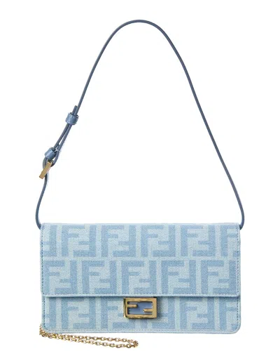 Fendi Baguette Ff Denim & Leather Wallet On Chain In Purple