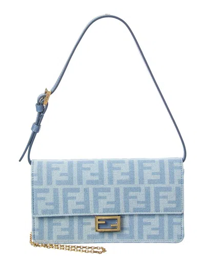 Fendi Baguette Ff Denim & Leather Wallet On Chain In Blue