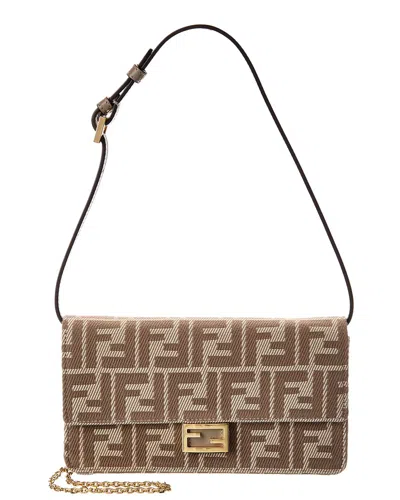 Fendi Baguette Ff Denim Jacquard & Leather Wallet On Chain In Brown
