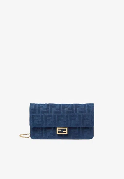 Fendi Baguette Ff Flocked Denim Clutch Bag In Blue