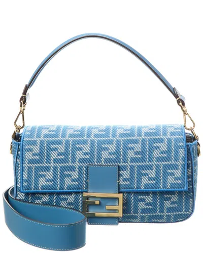 Fendi Baguette Ff Jacquard & Leather Shoulder Bag In Blue