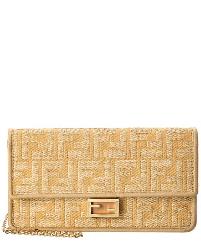 Fendi Baguette Ff Jacquard Raffia & Leather Wallet On Chain In Brown