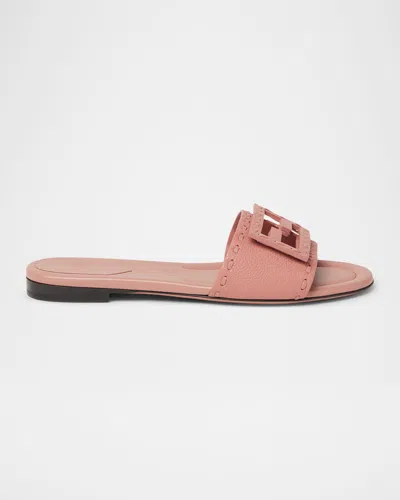 Fendi Baguette Ff Leather Buckle Flat Slide Sandals In Pink
