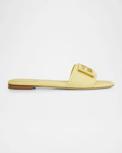 Fendi Baguette Ff Leather Buckle Flat Slide Sandals In Neutral