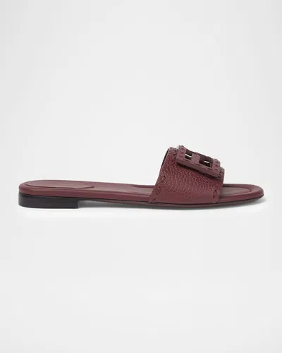 FENDI BAGUETTE FF LEATHER BUCKLE FLAT SLIDE SANDALS