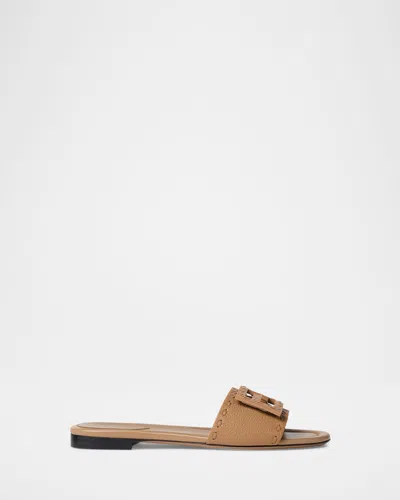 Fendi Baguette Ff Leather Buckle Flat Slide Sandals In Brown