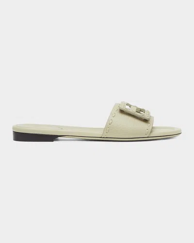 Fendi Baguette Ff Leather Buckle Flat Slide Sandals In Neutral