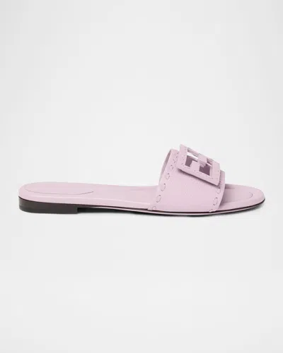 Fendi Baguette Ff Leather Buckle Flat Slide Sandals In Pink