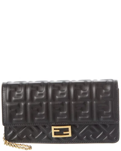 Fendi Baguette Ff Leather Wallet On Chain In Black