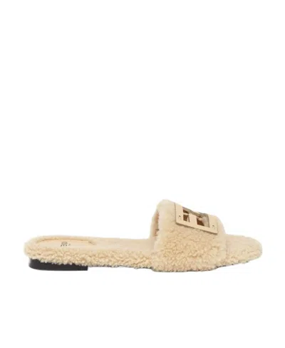 Fendi Baguette Ff-motif Sheepskin Slides In Nude