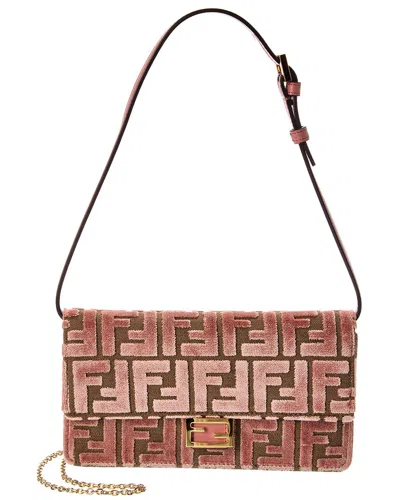 Fendi Baguette Ff Velvet & Leather Wallet On Chain In Brown