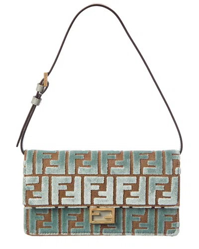 Fendi Baguette Ff Velvet & Leather Wallet On Chain In Brown