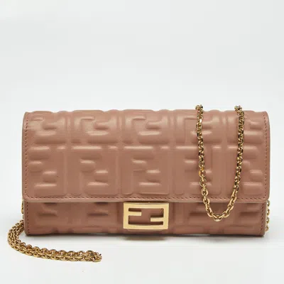 Pre-owned Fendi Baguette Flap Zucca Embossed Leather Wallet On Chain In Pink
