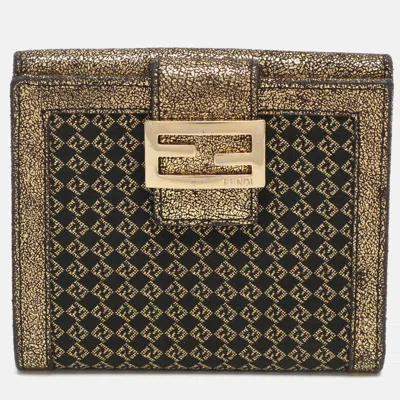 Pre-owned Fendi Baguette Gold Canvas And Leather Bifold Wallet