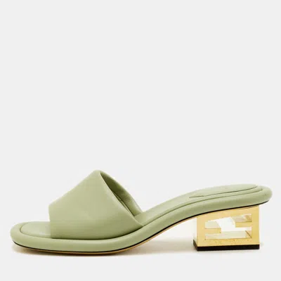 Pre-owned Fendi Baguette Heel Size 38 Light Green Leather Slide Sandals