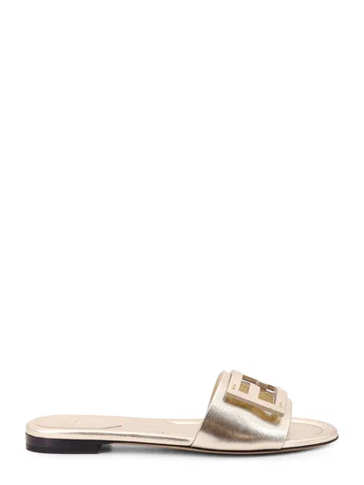 FENDI BAGUETTE LAMINATED LEATHER FLAT SANDALS