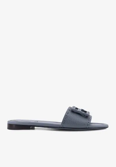 Fendi Baguette Leather Flat Sandals In Blue