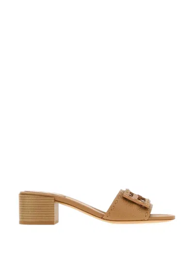 Fendi 45mm Ff Baguette Vitello Leather Slide Sandals In Brown