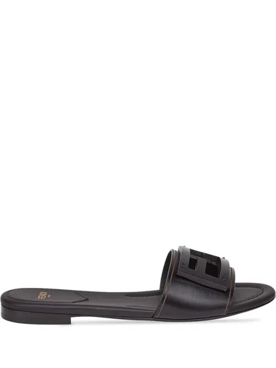 Fendi Wide-band Slide Sandals With Ff Baguette Motif In Blue