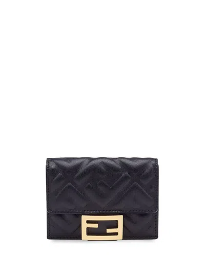 Fendi Baguette Leather Trifold Wallet In Black