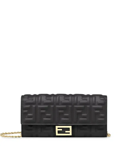 Fendi Baguette Leather Wallet On Chain In Black