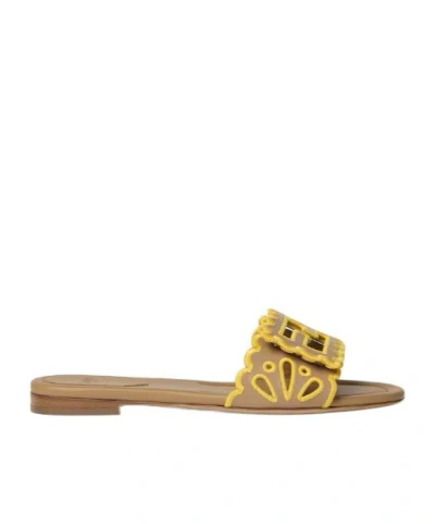 Fendi Baguette Light Brown Nappa Leather Slides In Yellow