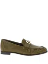 Fendi Textured Leather Loafers Featuring Fringe Detail In Green