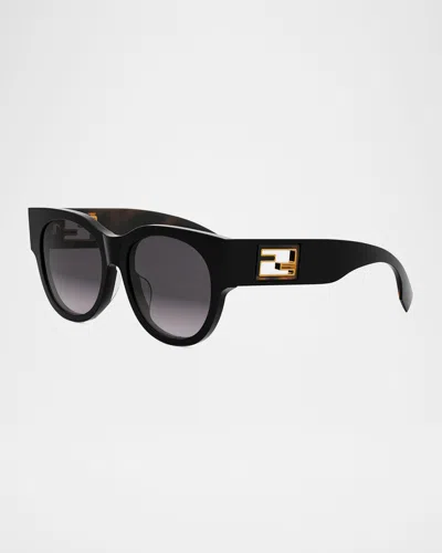 Fendi Baguette Logo Round Acetate & Nylon Sunglasses In 01b - Black