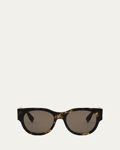 Fendi Baguette Logo Round Acetate Sunglasses In Col Havana/brown