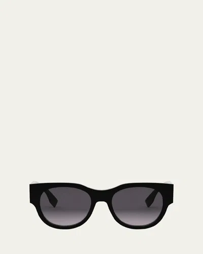 Fendi Baguette Logo Round Acetate Sunglasses In Shiny Black/gradient Smoke