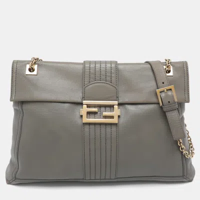Pre-owned Fendi Baguette Maxi Grey Leather Shoulder Bag In Gray