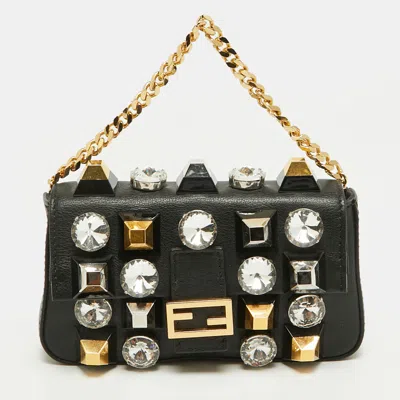 Pre-owned Fendi Baguette Micro Embellished Black Leather Wallet On Chain
