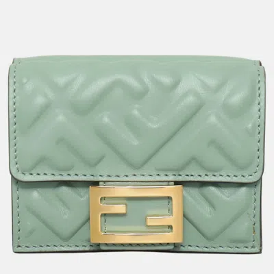 Pre-owned Fendi Baguette Micro Trifold Green Leather Wallet