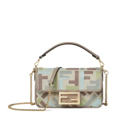 Fendi Baguette Mini Canvas Bag With Multicolor Ff Embroidery In Nude