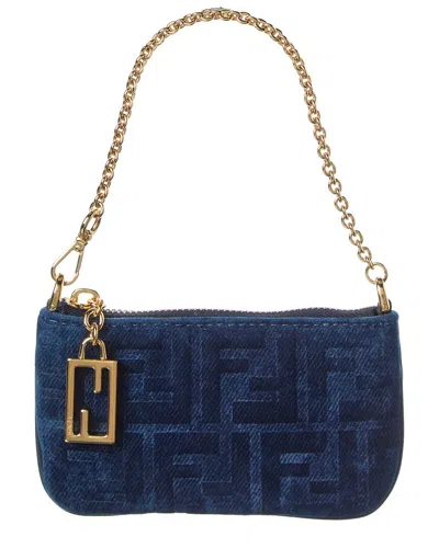 Fendi Baguette Mini Flocked Denim Pouch In Blue